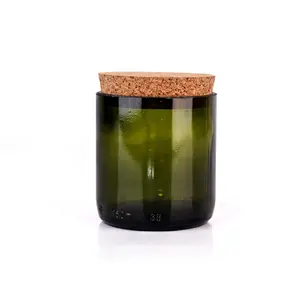热卖空新定制300毫升10盎司绿色地理切割酒瓶玻璃蜡烛罐，带软木盖