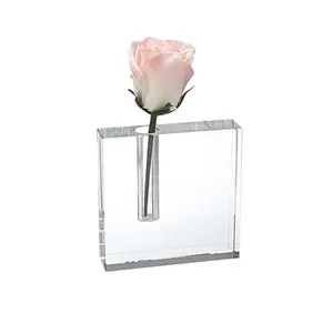 Decorazione Desktop di casa Blocco Lucite Acrilico Blooming Vaso Quadrato Trasparente Rosa Vaso