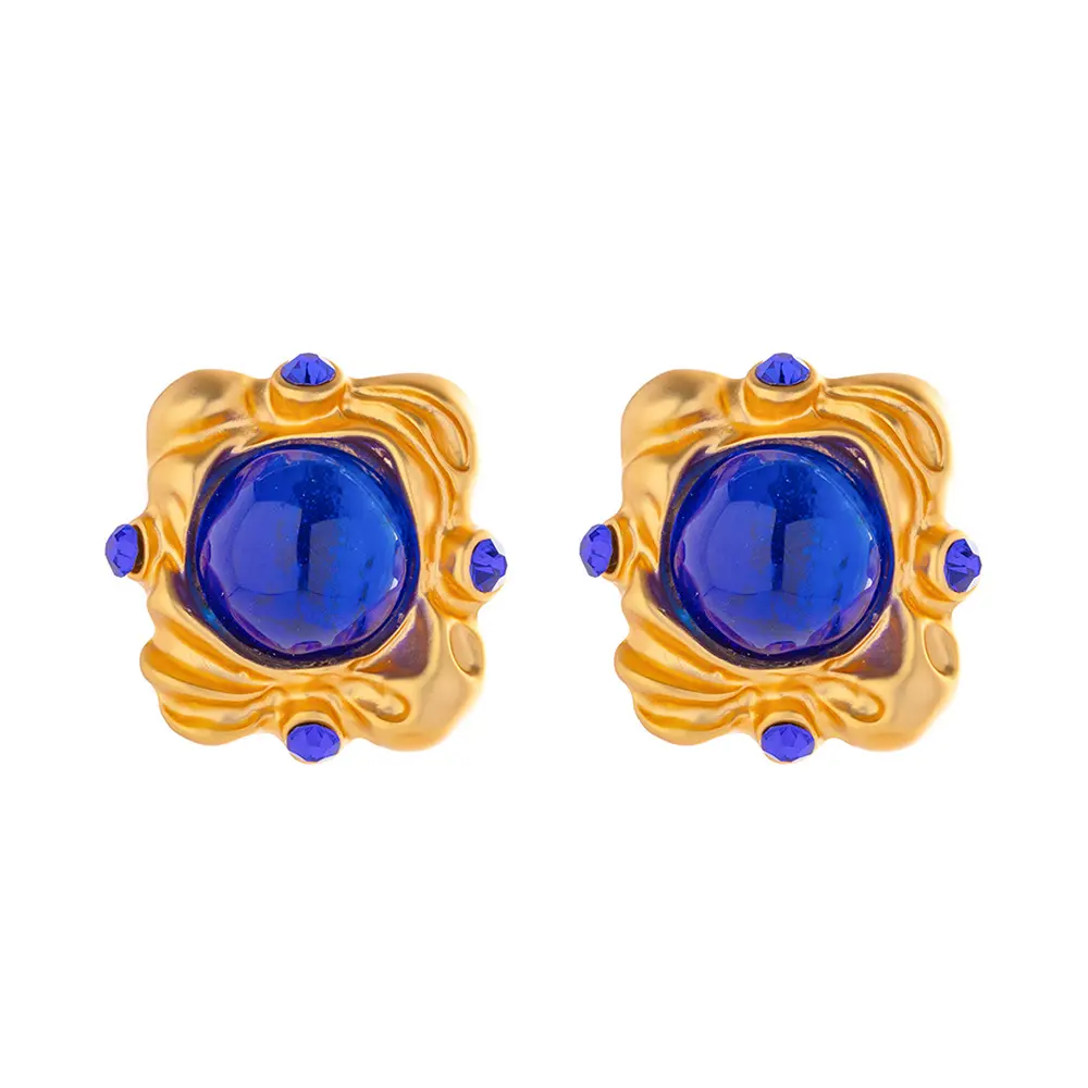 Luxury Vintage French Green Blue Glass Square Earrings Stud Palace Medieval Earrings Stud For Women