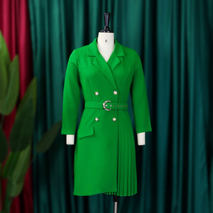 Robe <span class=keywords><strong>de</strong></span> bureau sur mesure pour femmes grandes tailles, manches longues, col en V, plissée, mi-longue, avec décoration boutonnée, pour le travail, décontractée, formelle - Product Image 2