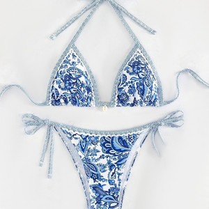 Conjunto de bikini con estampado floral azul para mujer, traje de baño de 2 piezas con cordones cruzados y de secado rápido para playa y deportes acuáticos - Product Image 1