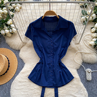 Chemisier d'été élégant à revers et manches courtes pour femme, avec taille cintrée et nœud devant, style peplum, idéal pour le bureau