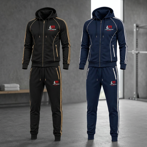 Ensemble de survêtement à capuche pour homme LONG MISSION, fermeture éclair intégrale, poches latérales, design sportif, vêtements d'hiver, 100% coton, coupe classique, uni - Product Image 2