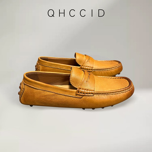Qhccid Men's Leather Loafers Slip-On Breathable Low <b>Heel</b> Casual Shoes Brown Solid Color Handmade - Product Image 4