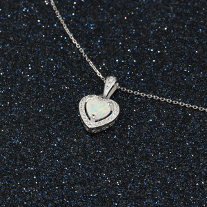 Classic Trendy Rhodium Plated S925 Sterling Silver Heart Opal Claw Setting Pendant Necklace Clavicle Chain Hypoallergenic <b>Gift</b> - Product Image 5