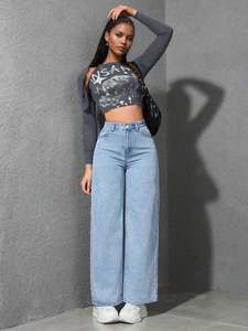 กางเกงยีนส์ขากว้างของผู้หญิงกางเกงยีนส์ขาตรงเอวสูงระบายอากาศได้ดีสีอ่อนใหม่2025 - Product Image 3