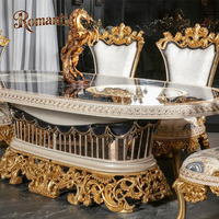 Ensemble de table à manger ovale de luxe en bois massif sculpté à la main, style palais royal français, avec 6 chaises, finition or blanc