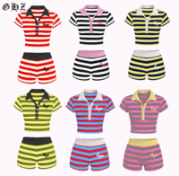Vêtements d'été pour femmes, ensemble de 2 pièces en coton à rayures, t-shirt court avec boutons, ensemble de shorts contrastés MIAMI, ensembles streetwear pour femmes