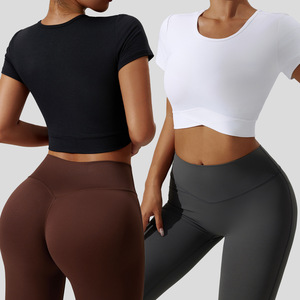 Maglietta da <span class=keywords><strong>donna</strong></span> personalizzata gilet <span class=keywords><strong>Fitness</strong></span> di alta qualità sport a maniche corte palestra allenamento Crop Top allenamento Yoga t-shirt per donne stile Casual - Product Image 6