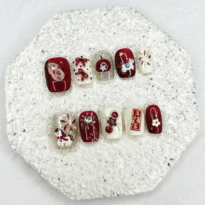 10 Pièces Ongles Press-On Faits Main pour l'Ambiance Festive du Nouvel An Chinois, Paillettes Dorées, Motifs Fleur de Prunier, Pomme, Cheval, Demi-Couverture, Forme Amande - Product Image 4