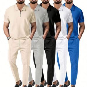 Nouvel ensemble décontracté 2 pièces pour homme : chemise à revers et pantalon en molleton respirant polyester/coton, couleur unie avec cordon de serrage - Product Image 4