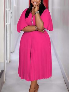 Robes d'été élégantes grande taille, décontractées, à manches courtes, col en V, mi-longues, plissées, avec fermeture éclair, style africain, pour le bureau. - Product Image 4