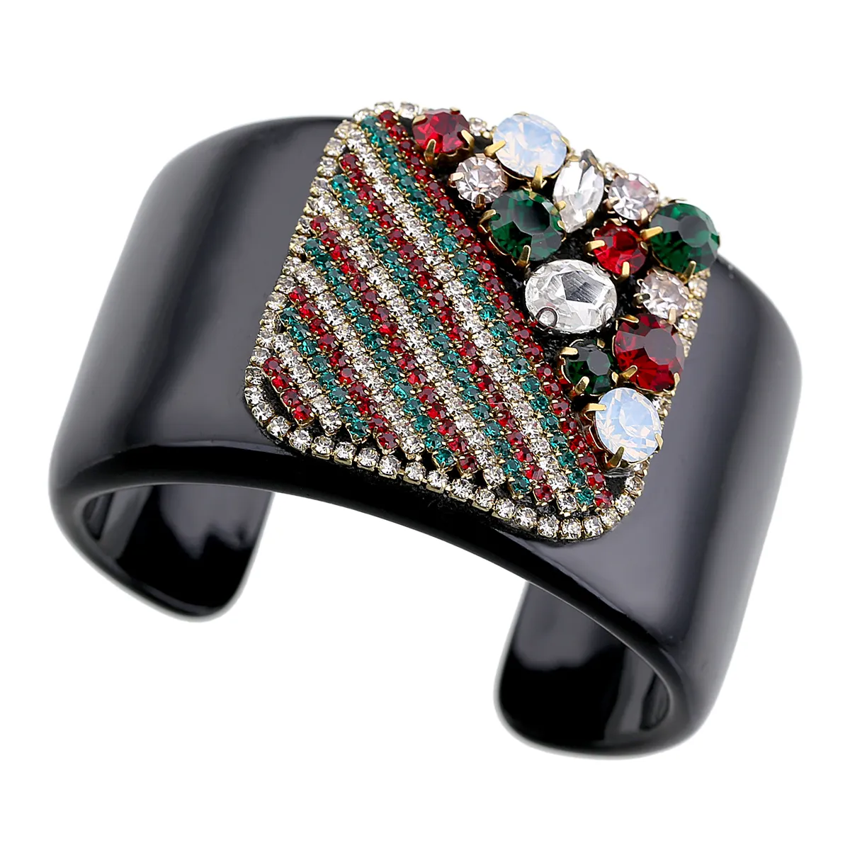 KAYMEN Brand New Luxury Statement Black Resin Open Bangle Square Shape Crystals Bohemia Cuff Bracelet Jewelry