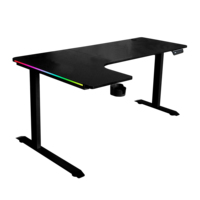 Bureau de jeu en forme de L réglable en hauteur avec logo OEM, fibre de carbone, pieds en acier noir, prise USB, LED RGB blanc