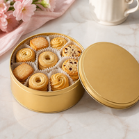 Boîte en étain ronde dorée personnalisée de luxe, qualité alimentaire, pour biscuits, emballage en métal pour cadeaux, boulangerie, Noël, mariage