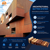 Système de lambris architectural en aluminium à grain de bois pour façade, écran de parement, profilé de lamelles pour mur extérieur de bâtiment