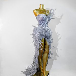 Traje <span class=keywords><strong>de</strong></span> Lujo <span class=keywords><strong>de</strong></span> Diseño Exclusivo con Lentejuelas Plateadas y Pedrería <span class=keywords><strong>de</strong></span> Alta Costura, con Abertura Alta, para Cantantes Profesionales y Actuaciones Escénicas - Product Image 3