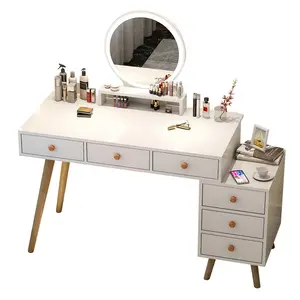 Coiffeuse avec miroir et pieds en bois massif, meuble de rangement pratique et amovible, table de toilette, style européen
