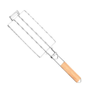 Red de parrilla de salchicha de acero inoxidable 304, estante de barbacoa plegable desmontable para perros calientes, mango de madera, herramienta de barbacoa portátil de forma larga, Clip de red - Product Image 6