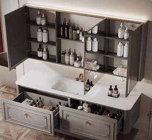 Meuble de salle de bain à vasque intégré en céramique de style crème française <span class=keywords><strong>armoire</strong></span> de salle de bain personnalisée en bois massif contreplaqué <span class=keywords><strong>avec</strong></span> <span class=keywords><strong>miroir</strong></span> - Product Image 3