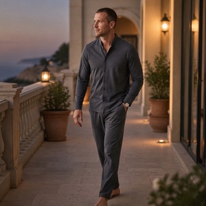 Set <span class=keywords><strong>Pigiama</strong></span> da <span class=keywords><strong>Uomo</strong></span> in Bambù, Maniche Lunghe con <span class=keywords><strong>Bottoni</strong></span>, Colletto Alto, Abbigliamento da Notte in Maglia, Set Loungewear OEM ODM Etichetta Privata per <span class=keywords><strong>Uomo</strong></span> - Product Image 3
