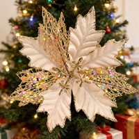 Fleur de Poinsettia Artificielle X-078 en Velours Scintillant, Prête à Poser, pour Arbre de Noël, Couronne, Décoration de Fête, Accessoire