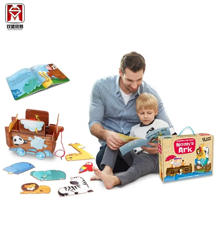Mainan Edukatif 3d Mainan Puzzle Diy 12 Buah Mainan Jigsaw Puzzle Hewan 3d Baha Noah dengan Buku Cerita untuk Anak