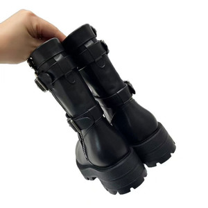 Black Mid-Calf Chelsea <b>Boots</b> Genuine Leather Round Toe Buckle Strap Waterproof Rubber Outsole All Seasons Solid Color - Product Image 3