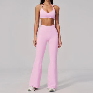 Conjunto Deportivo JY con Logotipo Personalizado para Mujer, Sujetador Deportivo sin Costuras con Espalda Descubierta, Pantalones Anchos <span class=keywords><strong>de</strong></span> Secado Rápido con Efecto Levanta Glúteos, para Yoga y Fitness al Aire Libre - Product Image 4