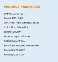 Somostel SMS-BJ09, kabel data pengisi daya cepat ponsel silikon 4 kaki/1.2m untuk iphone mikro tipe-c