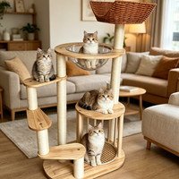 Arbre à chat moderne avec structure d'escalade, maison-nid, plateforme de saut et griffoir - Construction durable en bois de caoutchouc et rotin, écologique