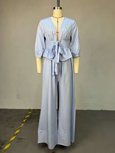 New Women's Bow-Trim Striped Shirt &amp; Striped Bow-Trim Wide-Leg <strong>Pants</strong> 2-Piece Set Sehe Fashion - Product Image 6