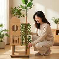 Arbre à chat en bois à plusieurs niveaux décoré de plantes vertes, répondant aux besoins d'escalade des chats pour la maison et le salon