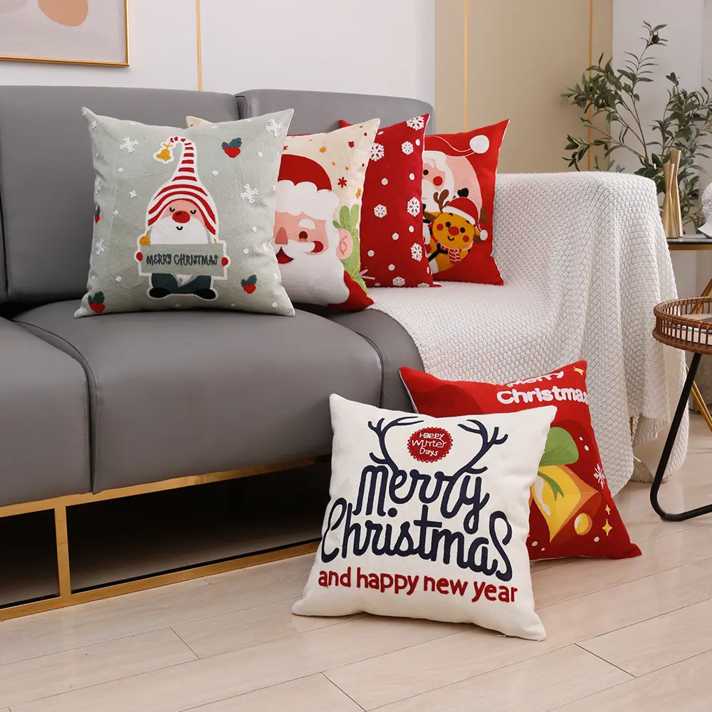 Cotton Canvas Embroidery Decorative Christmas Cushion Cover Fancy Throw Pillow Case Wholesale