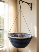 Panier suspendu tissé bleu marine avec bord en corde beige, 3 crochets métalliques, style américain, pot de fleurs de jardin sculpté à la main pour la maison