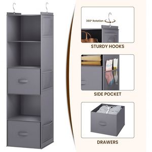 Foldable 5 Tier Hanging Closet <b>Shelf</b> Non-Woven Fabric Closet Organizer with Drawer &2 Strong <b>Hooks</b> Space Saving Wardrobe Storage - Product Image 6