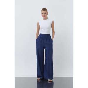Pantalon large pour femme, taille haute, en crêpe respirant, bleu - Product Image 5