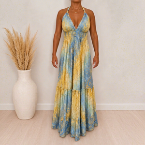 Robe longue bohème pour femme, imprimé cachemire bleu et jaune, col en V, en mousseline, coupe classique, décontractée d'été, longueur ras du sol, ourlet étagé, taille élastique - Product Image 1