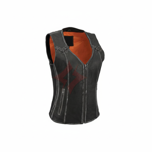 Femmes en détresse gris cuir moto cavalier gilet motard gilet Stretch panneaux latéraux à lacets avant fermeture à glissière classique - Product Image 1