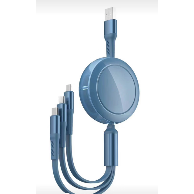 Retractable USB-C 3-in-1 Fast Charging Cable Reel White Nylon Jacket Braid Shielding 1m Rotational Android Mobile Phones