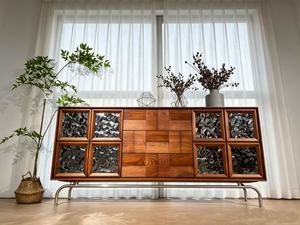 Midcentury Modern Solid Wood <b>Sideboard</b> Cabinet with Textured Glass Panels and Metal Base for Living Room <b>Storage</b> - Product Image 4