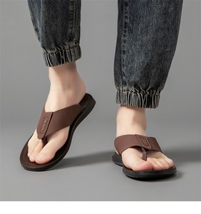 Hot Sales Genuine Leather Upper Men's Outdoor Beach Flip Flops Flipflops <b>slippers</b> for Men Summer - Product Image 2