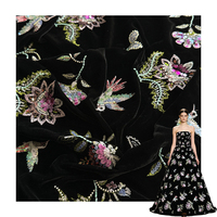 Tissu en velours brodé d'oiseaux et de fleurs, orné de paillettes de luxe pour robe élégante, robe de soirée, matière pour vêtements