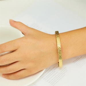 Simple Engraved Hammer <b>Gold</b> Plated Stainless Steel <b>Bracelet</b> Open <b>Adjustable</b> Cuff Bangle for Girls - Product Image 6