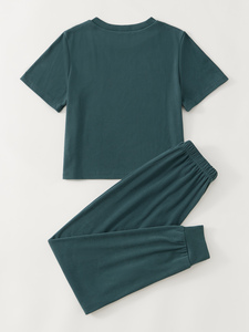 Ensemble de pyjama décontracté à col rond de haute qualité, très vendu, couleur unie, manches courtes, vêtements de détente pour femmes, pour le printemps, l'été et l'automne - Product Image 2