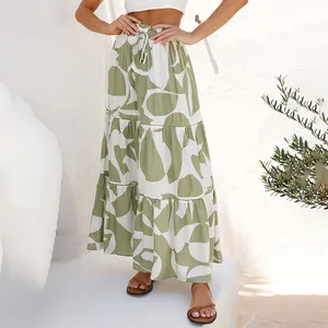 Summer Bohemian elegant casual Layered A line Floral Skirt Graphic Print Ruffle Hem Vacation Paper Bag Waist Maxi Skirt