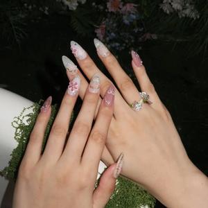 <span class=keywords><strong>Uñas</strong></span> Postizas Acrílicas en Degradado Rosa Francés y Blanco, con Diseño <span class=keywords><strong>de</strong></span> Tulipán 3D, Perla y Marco Dorado, Forma Almendrada, Longitud Media, 10 Piezas - Product Image 2
