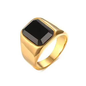 Custom OEM/ODM Big Stone Ring For MEN 18k Gold Plated Stainless Steel Square Black Stone Rings