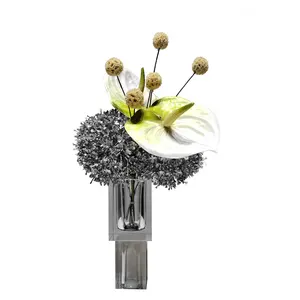 Modern White Anthurium Hybrida Silver Crystal Vase Arrangement New Year Mother's Day Table Decor Centerpiece Artificial