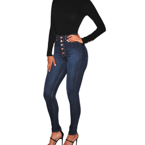 Women's Casual Slim Fit Stretch High <strong>Waisted</strong> Buttons Skinny Denim Pants Elastic Hip Lifting Jeans <strong>Trousers</strong> With Pockets - Product Image 5